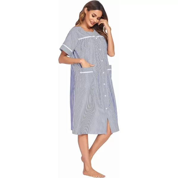 Ekouaer House Dress for Women with Pockets Button Down Duster Housecoat Short Sleeve Patio Dress Nightgown SXXXLStriped Navy