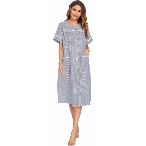 Ekouaer House Dress for Women with Pockets Button Down Duster Housecoat Short Sleeve Patio Dress Nightgown SXXXLStriped Navy