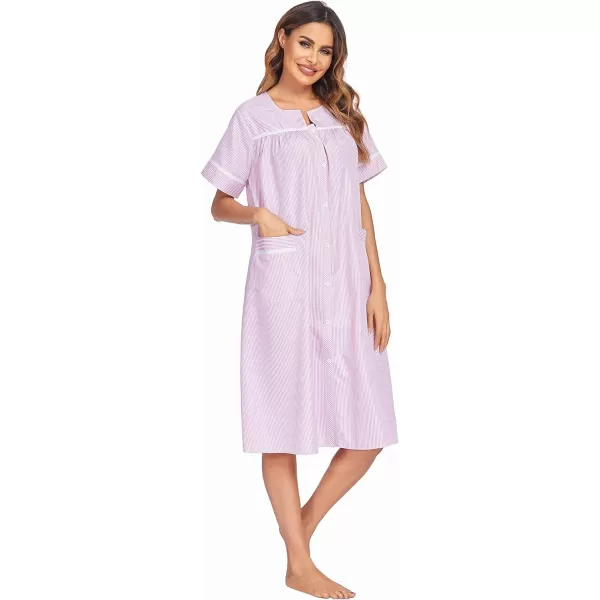 Ekouaer House Dress for Women with Pockets Button Down Duster Housecoat Short Sleeve Patio Dress Nightgown SXXXLStriped Pink