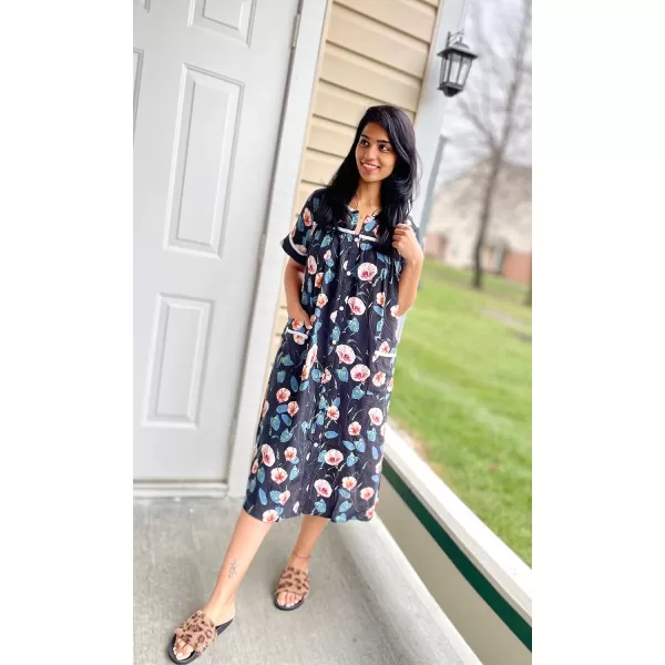 Ekouaer House Dress for Women with Pockets Button Down Duster Housecoat Short Sleeve Patio Dress Nightgown SXXXLTrumpet Flower