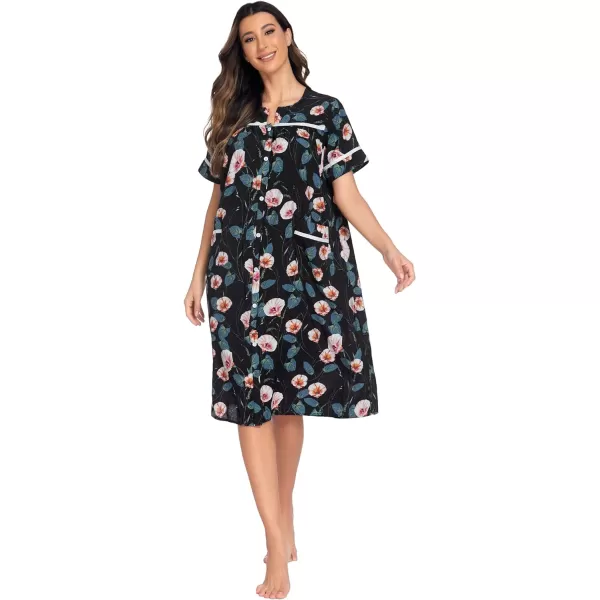 Ekouaer House Dress for Women with Pockets Button Down Duster Housecoat Short Sleeve Patio Dress Nightgown SXXXLTrumpet Flower