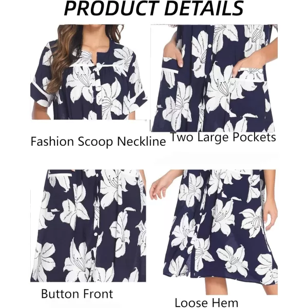 Ekouaer House Dress for Women with Pockets Button Down Duster Housecoat Short Sleeve Patio Dress Nightgown SXXXLWhite Flower