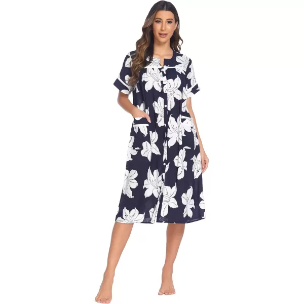 Ekouaer House Dress for Women with Pockets Button Down Duster Housecoat Short Sleeve Patio Dress Nightgown SXXXLWhite Flower