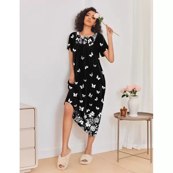 Ekouaer House Dress for Women with Pockets Moo Moo Nightgown Long Mumu Dress Short Sleeve Patio Dress SXXLButterfly on Black