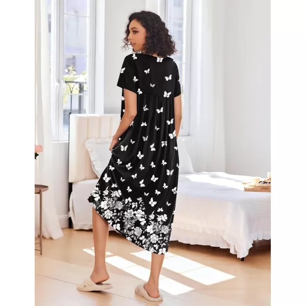 Ekouaer House Dress for Women with Pockets Moo Moo Nightgown Long Mumu Dress Short Sleeve Patio Dress SXXLButterfly on Black