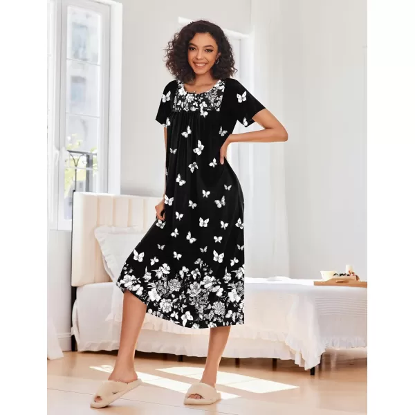 Ekouaer House Dress for Women with Pockets Moo Moo Nightgown Long Mumu Dress Short Sleeve Patio Dress SXXLButterfly on Black