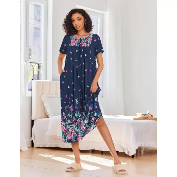 Ekouaer House Dress for Women with Pockets Moo Moo Nightgown Long Mumu Dress Short Sleeve Patio Dress SXXLNavy