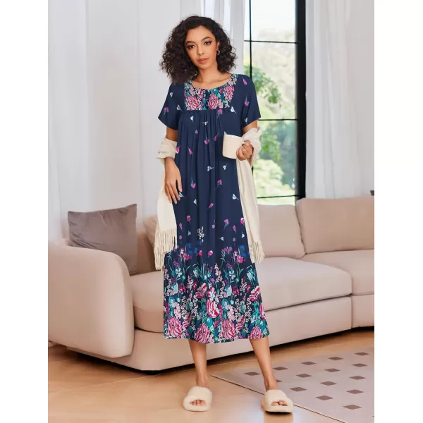 Ekouaer House Dress for Women with Pockets Moo Moo Nightgown Long Mumu Dress Short Sleeve Patio Dress SXXLNavy