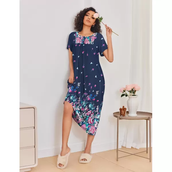 Ekouaer House Dress for Women with Pockets Moo Moo Nightgown Long Mumu Dress Short Sleeve Patio Dress SXXLNavy