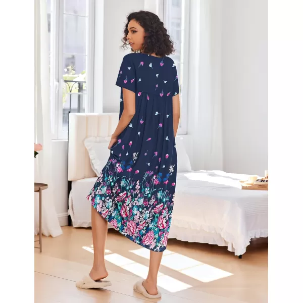 Ekouaer House Dress for Women with Pockets Moo Moo Nightgown Long Mumu Dress Short Sleeve Patio Dress SXXLNavy