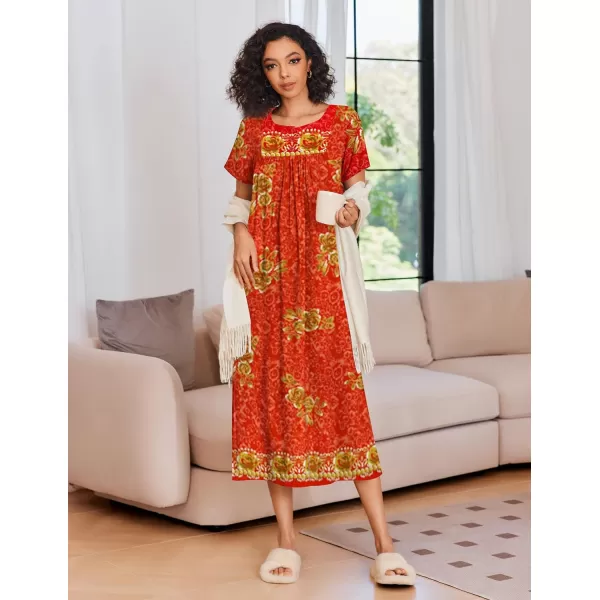 Ekouaer House Dress for Women with Pockets Moo Moo Nightgown Long Mumu Dress Short Sleeve Patio Dress SXXLRed Golden