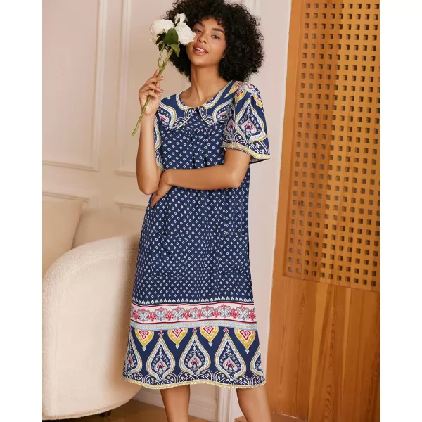 Ekouaer House Dresses for Women with Pockets Mumu Duster Short Sleeve Nightgown Lounger Printed Patio Dress SXXXLEthnic Navy