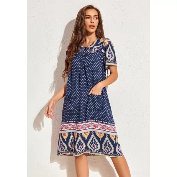 Ekouaer House Dresses for Women with Pockets Mumu Duster Short Sleeve Nightgown Lounger Printed Patio Dress SXXXLEthnic Navy