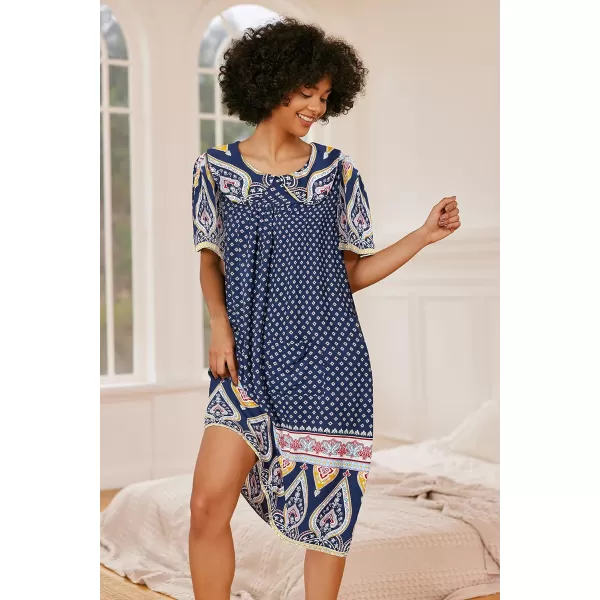 Ekouaer House Dresses for Women with Pockets Mumu Duster Short Sleeve Nightgown Lounger Printed Patio Dress SXXXLEthnic Navy