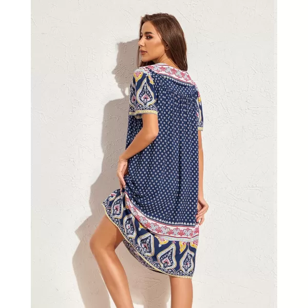 Ekouaer House Dresses for Women with Pockets Mumu Duster Short Sleeve Nightgown Lounger Printed Patio Dress SXXXLEthnic Navy
