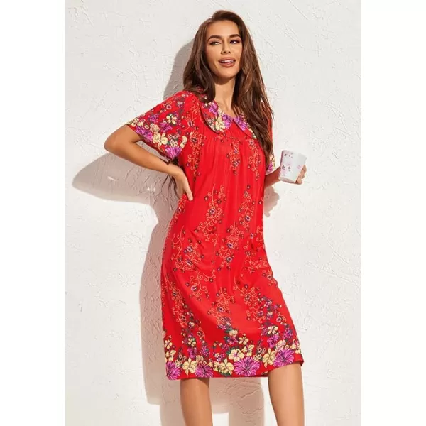 Ekouaer House Dresses for Women with Pockets Mumu Duster Short Sleeve Nightgown Lounger Printed Patio Dress SXXXLFloral Red