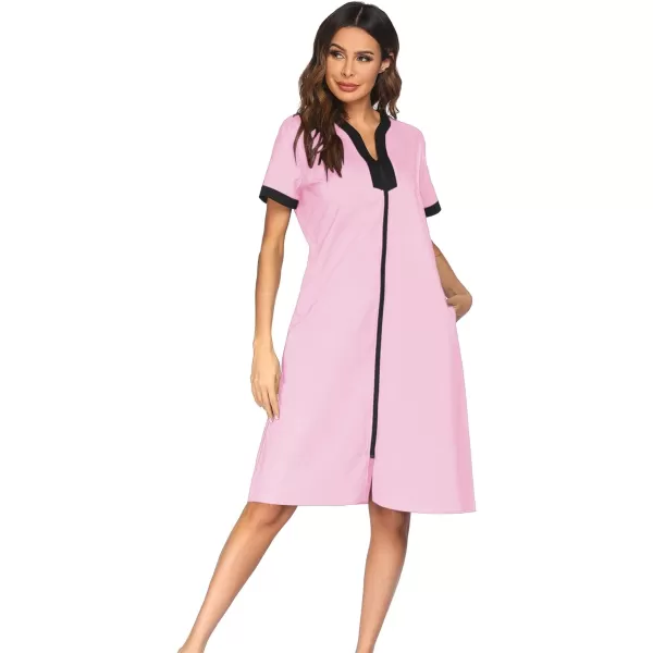 Ekouaer Housecoat Women Zipper Front Duster Robe Short Sleeve Lounger Housedress Pockets Nightgown Casual Nights SXXXLPink