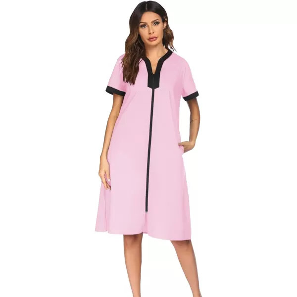 Ekouaer Housecoat Women Zipper Front Duster Robe Short Sleeve Lounger Housedress Pockets Nightgown Casual Nights SXXXLPink