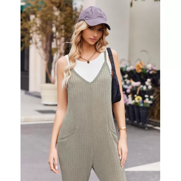 Ekouaer Jumpsuits for Women Sleeveless Spaghetti Strap Ribbed Overall Jumpsuit V Neck Summer Romper with Pockets 2024Army Green