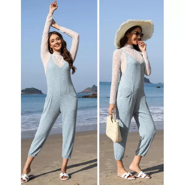 Ekouaer Jumpsuits for Women Sleeveless Spaghetti Strap Ribbed Overall Jumpsuit V Neck Summer Romper with Pockets 2024Blue