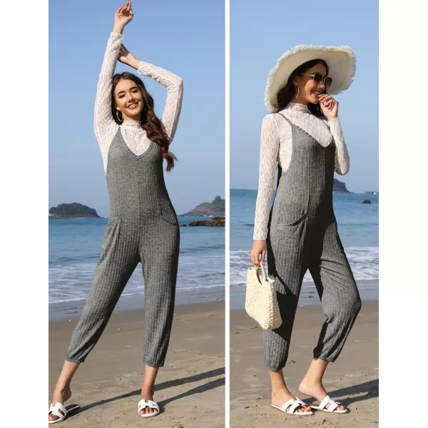 Ekouaer Jumpsuits for Women Sleeveless Spaghetti Strap Ribbed Overall Jumpsuit V Neck Summer Romper with Pockets 2024Dark Grey