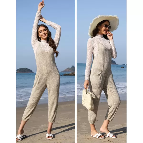 Ekouaer Jumpsuits for Women Sleeveless Spaghetti Strap Ribbed Overall Jumpsuit V Neck Summer Romper with Pockets 2024Khaki