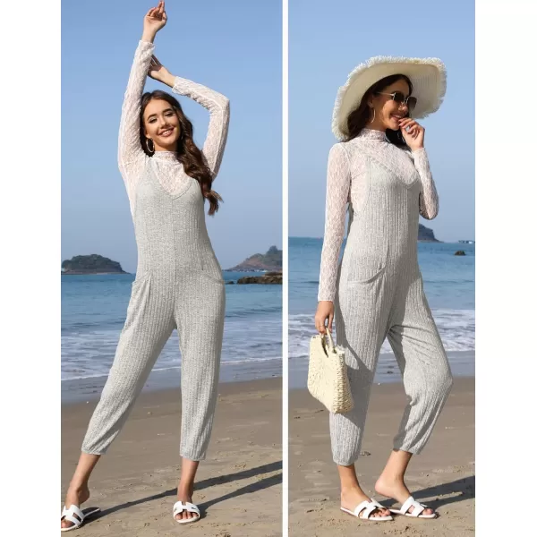 Ekouaer Jumpsuits for Women Sleeveless Spaghetti Strap Ribbed Overall Jumpsuit V Neck Summer Romper with Pockets 2024Light Gray