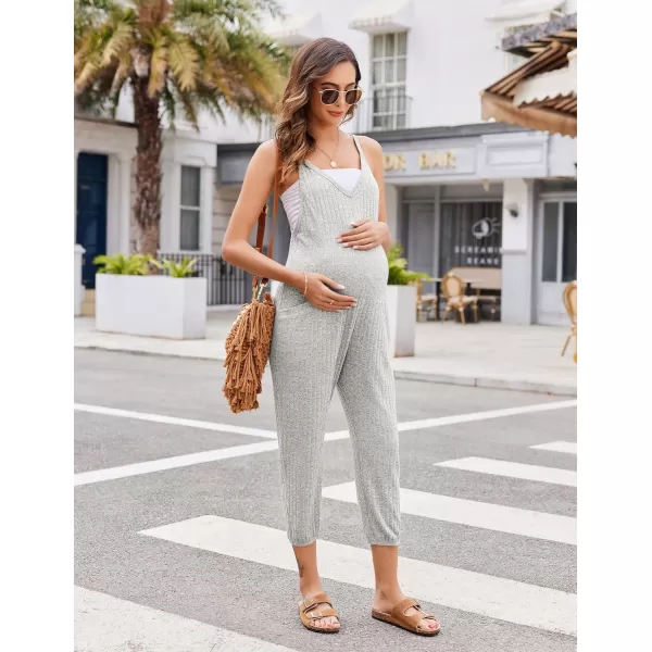 Ekouaer Jumpsuits for Women Sleeveless Spaghetti Strap Ribbed Overall Jumpsuit V Neck Summer Romper with Pockets 2024Light Gray