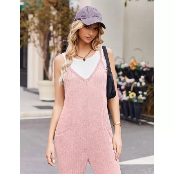 Ekouaer Jumpsuits for Women Sleeveless Spaghetti Strap Ribbed Overall Jumpsuit V Neck Summer Romper with Pockets 2024Pink