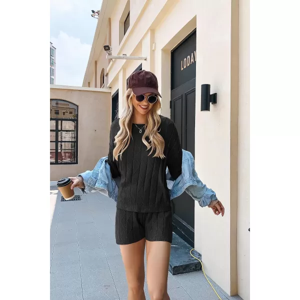 Ekouaer Knit Lounge Sets for Women 2 Piece Cozy Long Sleeve Pullover Sweater Top and Shorts Set Sweatsuit OutfitsBlack