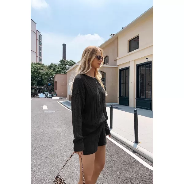 Ekouaer Knit Lounge Sets for Women 2 Piece Cozy Long Sleeve Pullover Sweater Top and Shorts Set Sweatsuit OutfitsBlack