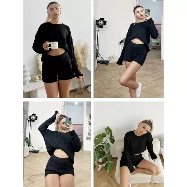 Ekouaer Knit Lounge Sets for Women 2 Piece Cozy Long Sleeve Pullover Sweater Top and Shorts Set Sweatsuit OutfitsBlack