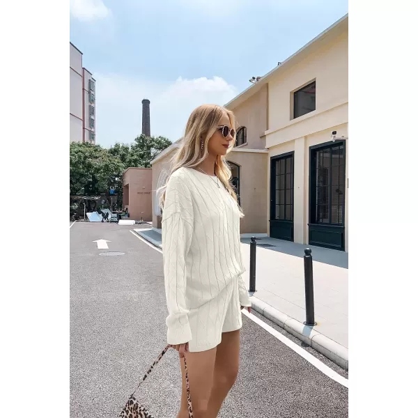 Ekouaer Knit Lounge Sets for Women 2 Piece Cozy Long Sleeve Pullover Sweater Top and Shorts Set Sweatsuit OutfitsBwhite