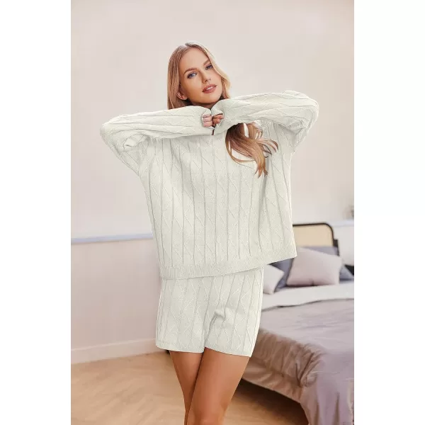 Ekouaer Knit Lounge Sets for Women 2 Piece Cozy Long Sleeve Pullover Sweater Top and Shorts Set Sweatsuit OutfitsBwhite