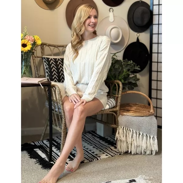 Ekouaer Knit Lounge Sets for Women 2 Piece Cozy Long Sleeve Pullover Sweater Top and Shorts Set Sweatsuit OutfitsBwhite
