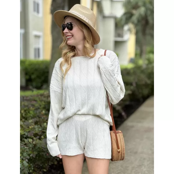 Ekouaer Knit Lounge Sets for Women 2 Piece Cozy Long Sleeve Pullover Sweater Top and Shorts Set Sweatsuit OutfitsBwhite
