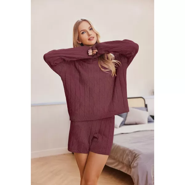 Ekouaer Knit Lounge Sets for Women 2 Piece Cozy Long Sleeve Pullover Sweater Top and Shorts Set Sweatsuit OutfitsDark Red