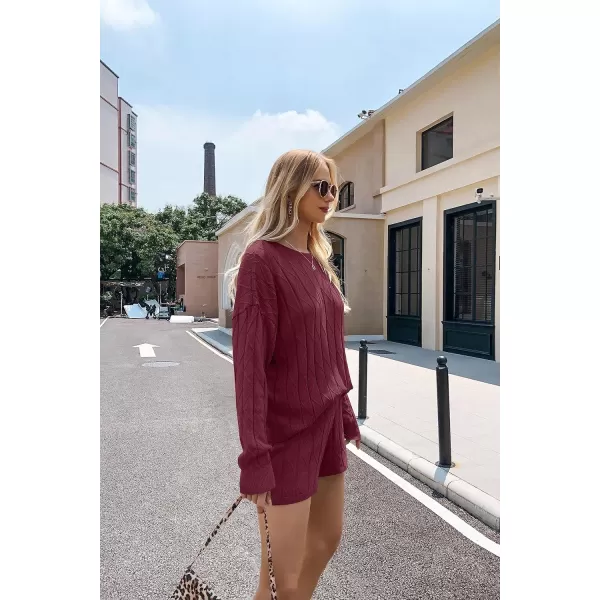 Ekouaer Knit Lounge Sets for Women 2 Piece Cozy Long Sleeve Pullover Sweater Top and Shorts Set Sweatsuit OutfitsDark Red