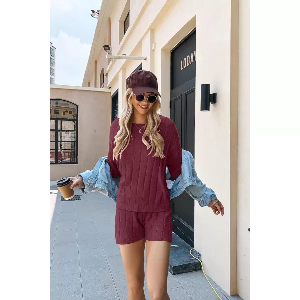 Ekouaer Knit Lounge Sets for Women 2 Piece Cozy Long Sleeve Pullover Sweater Top and Shorts Set Sweatsuit OutfitsDark Red