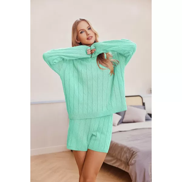 Ekouaer Knit Lounge Sets for Women 2 Piece Cozy Long Sleeve Pullover Sweater Top and Shorts Set Sweatsuit OutfitsGreen