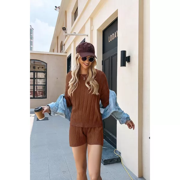 Ekouaer Knit Lounge Sets for Women 2 Piece Cozy Long Sleeve Pullover Sweater Top and Shorts Set Sweatsuit OutfitsLight Brown