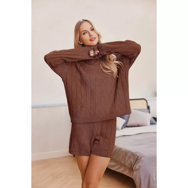 Ekouaer Knit Lounge Sets for Women 2 Piece Cozy Long Sleeve Pullover Sweater Top and Shorts Set Sweatsuit OutfitsLight Brown