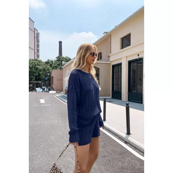 Ekouaer Knit Lounge Sets for Women 2 Piece Cozy Long Sleeve Pullover Sweater Top and Shorts Set Sweatsuit OutfitsNavy Blue