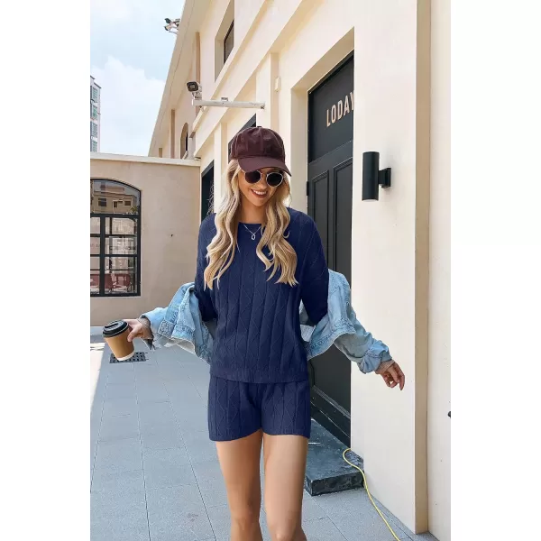Ekouaer Knit Lounge Sets for Women 2 Piece Cozy Long Sleeve Pullover Sweater Top and Shorts Set Sweatsuit OutfitsNavy Blue