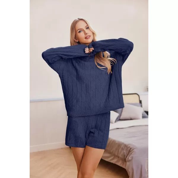 Ekouaer Knit Lounge Sets for Women 2 Piece Cozy Long Sleeve Pullover Sweater Top and Shorts Set Sweatsuit OutfitsNavy Blue