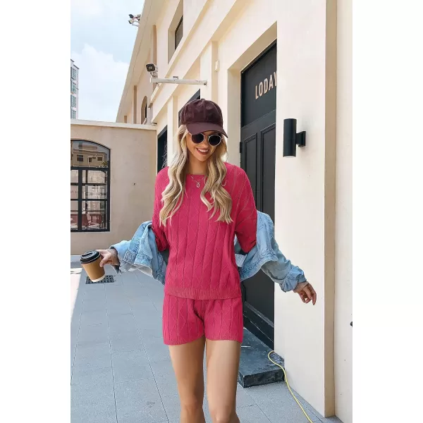 Ekouaer Knit Lounge Sets for Women 2 Piece Cozy Long Sleeve Pullover Sweater Top and Shorts Set Sweatsuit OutfitsRed Rose