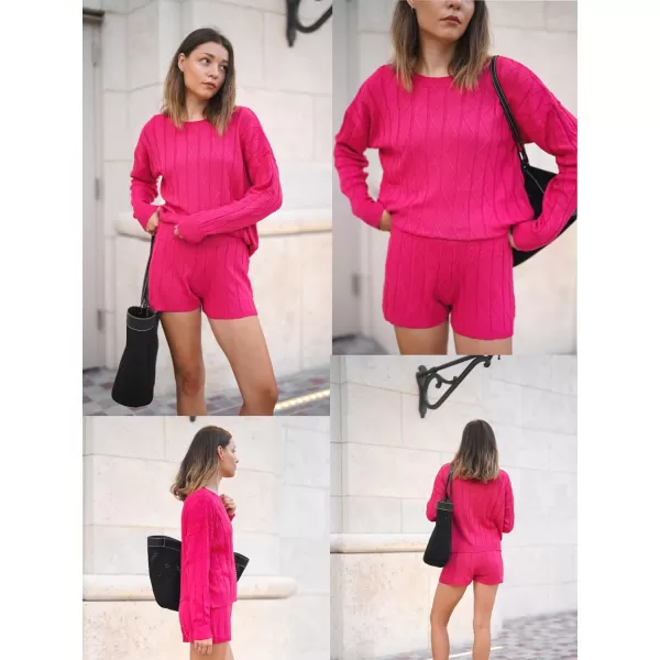 Ekouaer Knit Lounge Sets for Women 2 Piece Cozy Long Sleeve Pullover Sweater Top and Shorts Set Sweatsuit OutfitsRed Rose