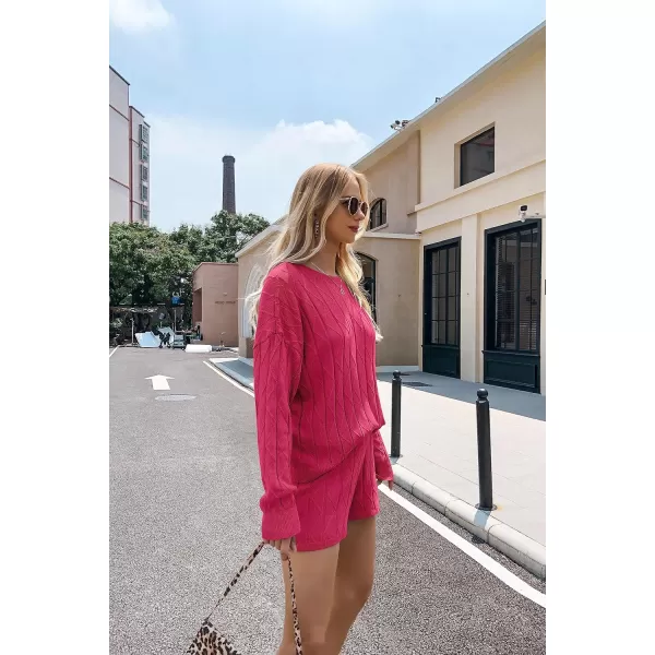 Ekouaer Knit Lounge Sets for Women 2 Piece Cozy Long Sleeve Pullover Sweater Top and Shorts Set Sweatsuit OutfitsRed Rose