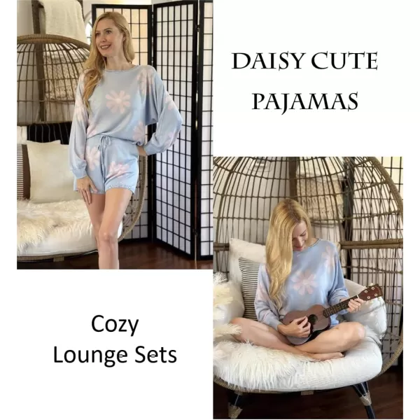 Ekouaer Knit Pajamas Set for Women Lounge Wear Sets Long Sleeve Sweatsuit Matching 2 Piece Outfits Casual Sweater Sets SXXLA Floral Blue