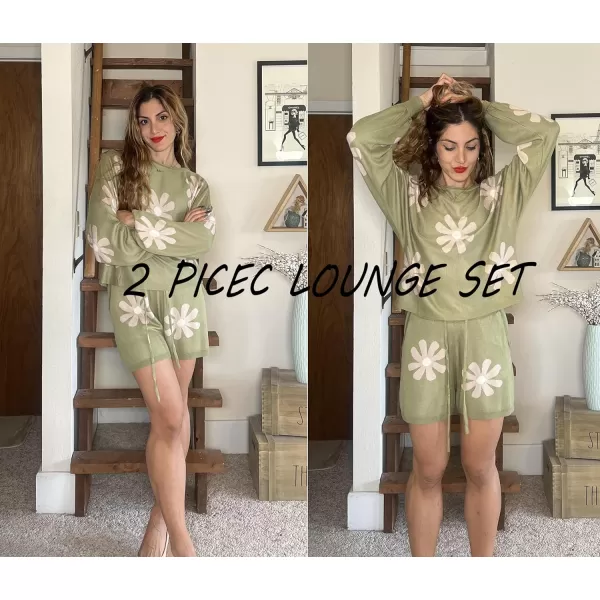 Ekouaer Knit Pajamas Set for Women Lounge Wear Sets Long Sleeve Sweatsuit Matching 2 Piece Outfits Casual Sweater Sets SXXLA Floral Green